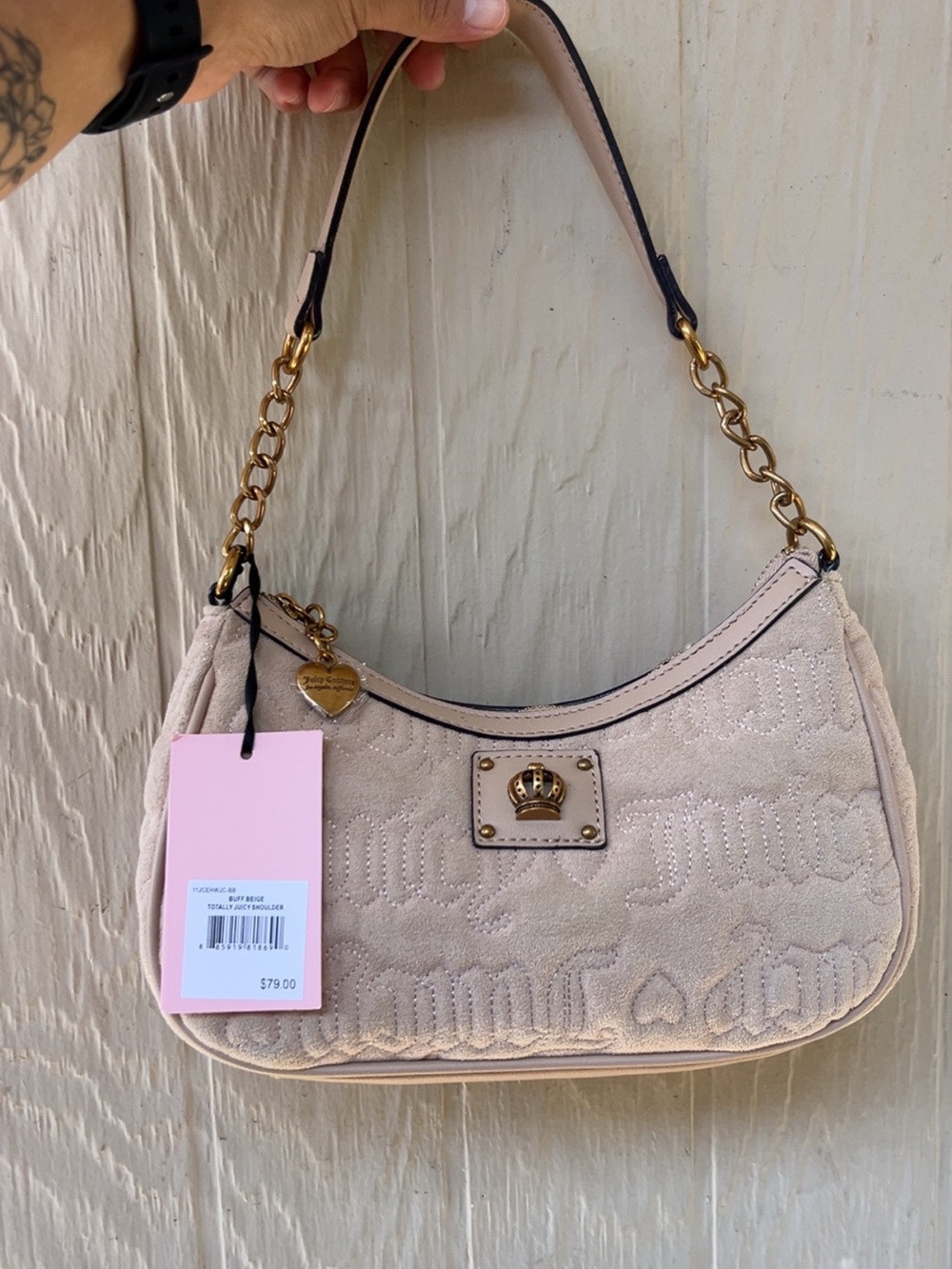 Juicy Couture Beige Logo Jacquard Shoulder Bag with Gold Chain